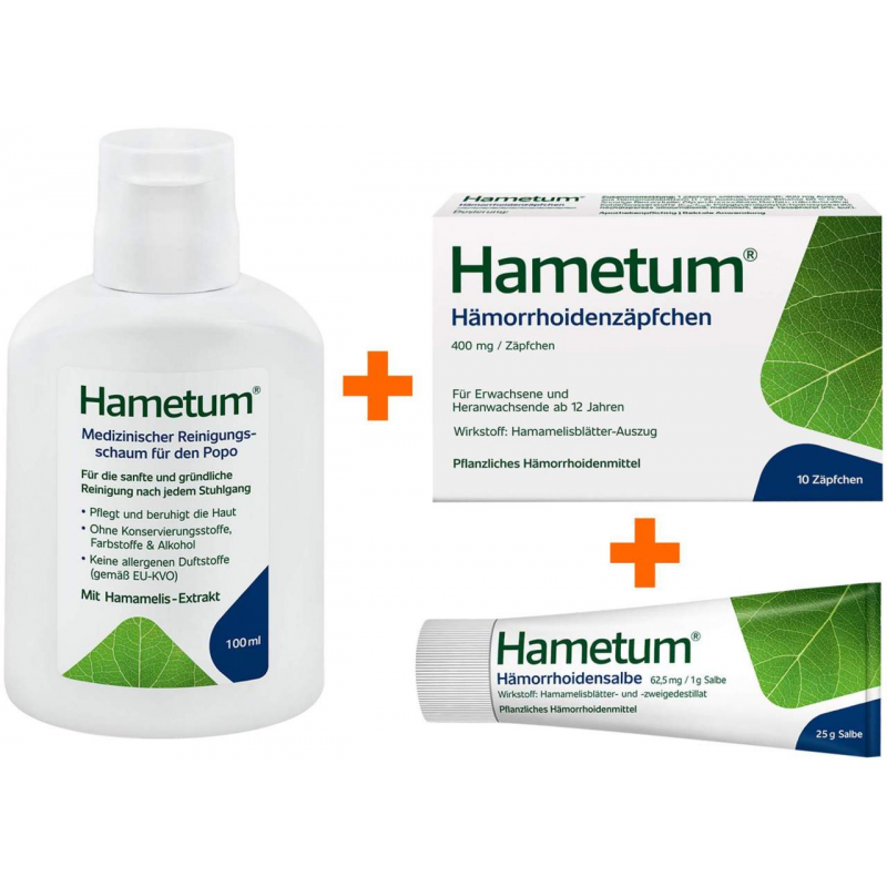 Hametum Medizinischer Reinigungsschaum 100 ml + Hämorrhoiden Salbe 25 g + Hämorrhoidenzäpfchen 10 Stück