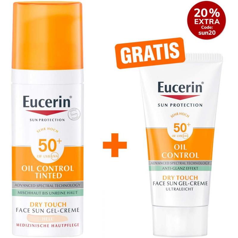 Eucerin Sun Oil Control Face Fluid Getönt (Hell) LSF 50+ 50 ml + hgratis Sun Gel-Creme Oil Control 20 ml